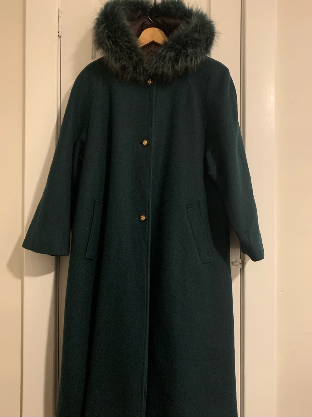 Vintage Dark Green Long Wool Coat with Fur Hood Size L EUC
